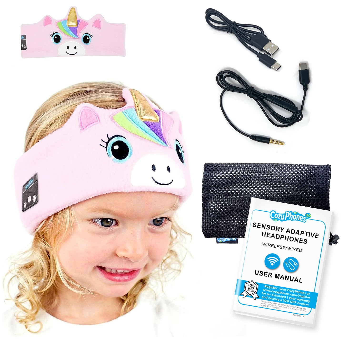 CozyPhones Sensory Adaptive Wireless / Wired Headband Headphones - Pink Unicorn